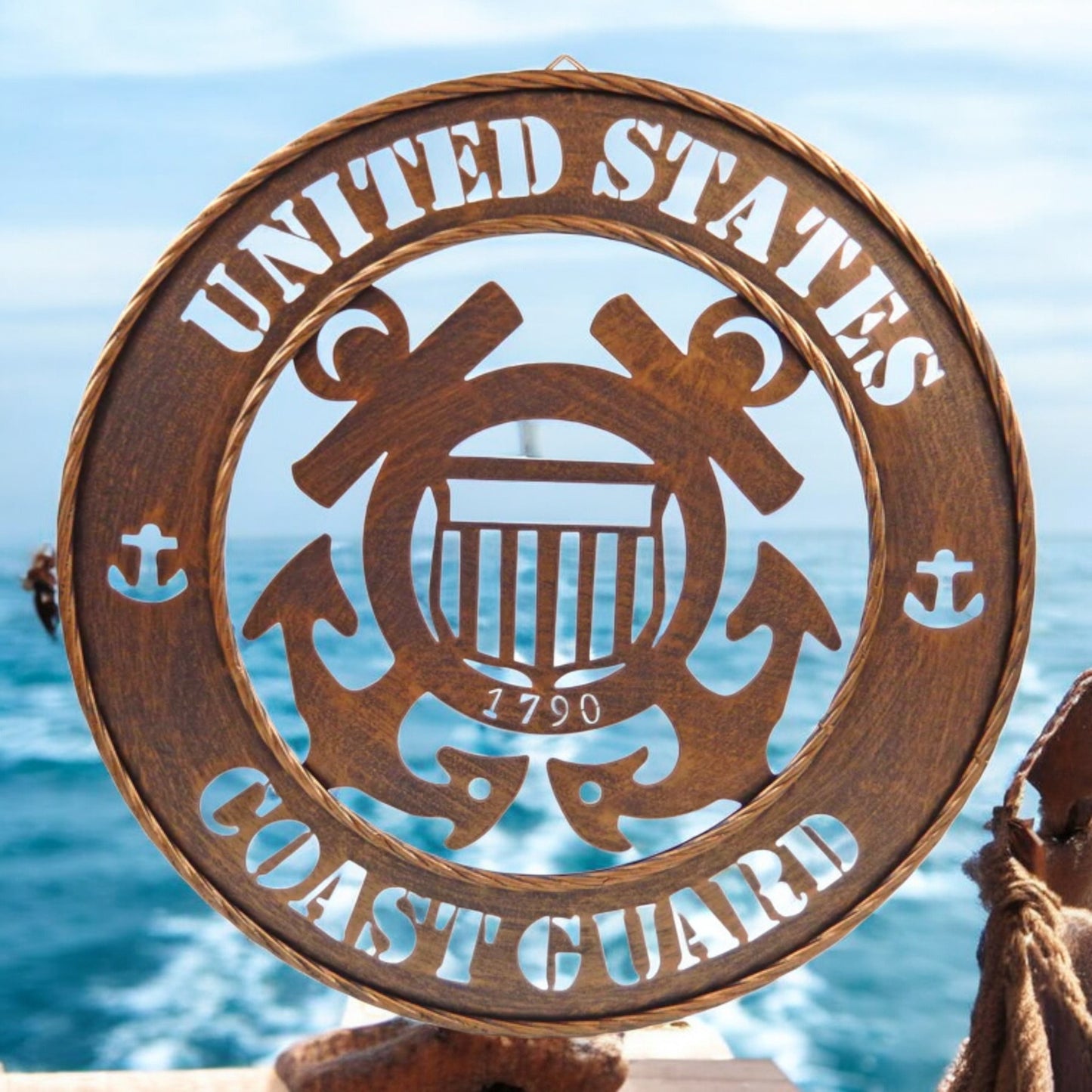 United States Military Laser Cut Wall Decor All Branches Brushed Bronze 17.5 inch With Rope Ring Accents