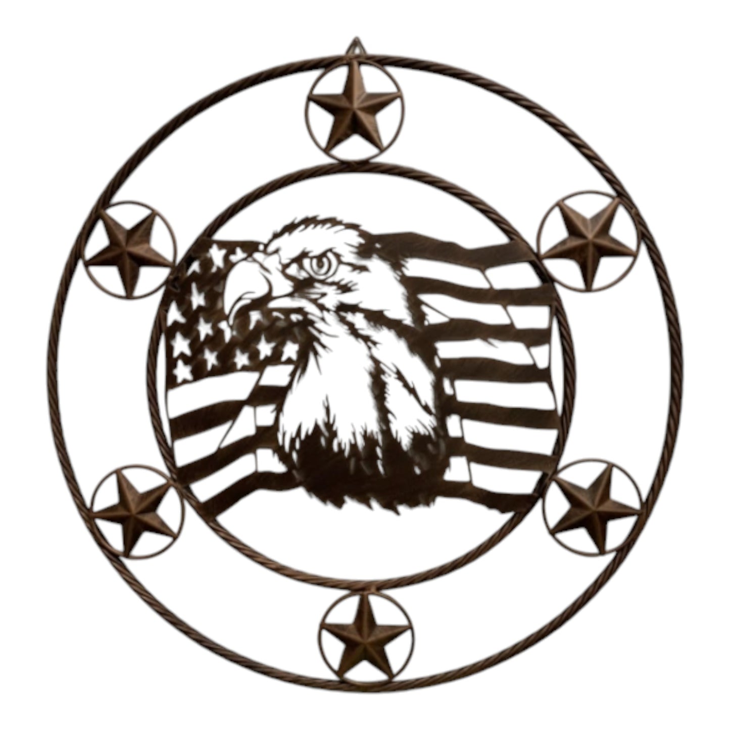 Eagle on Flag Decor 26 inch Round Metal Plaque with Twisted Rope Design