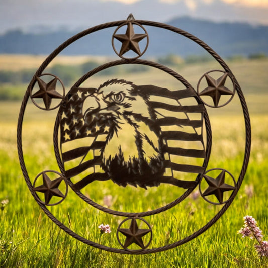 Eagle on Flag Decor 26 inch Round Metal Plaque with Twisted Rope Design