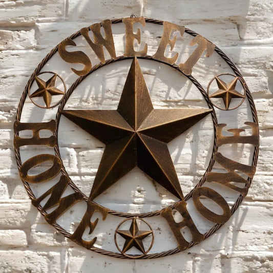 25 inch Home Sweet Home Metal Wall Sign Rustic Star Decor with Twisted Rope Ring and Built In Hook