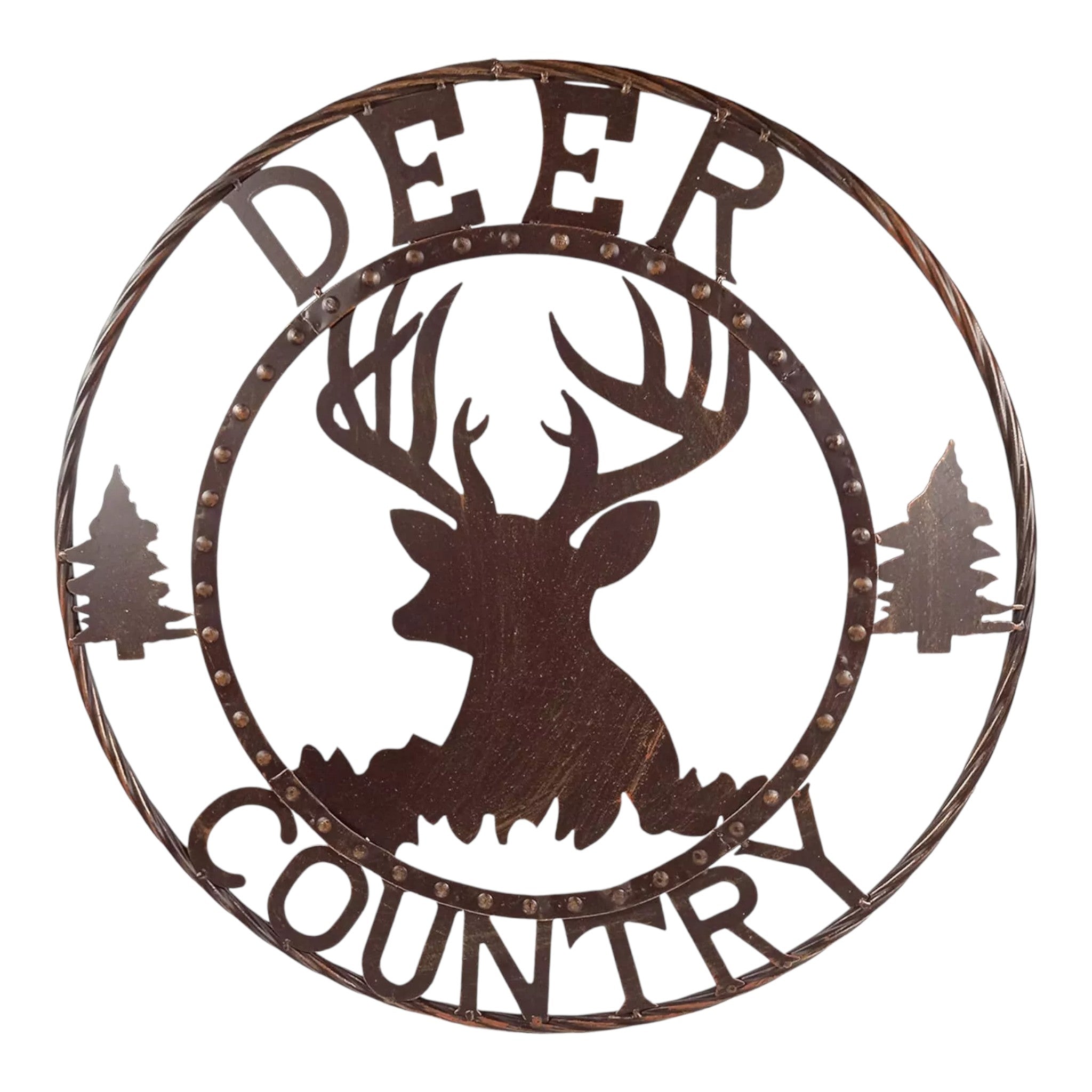 24 inch Deer Country metal wall sign circular cutout design with antler silhouette and evergreen trees on white