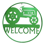Green metal farmhouse tractor wall sign with Welcome text and detailed tractor cutout design
