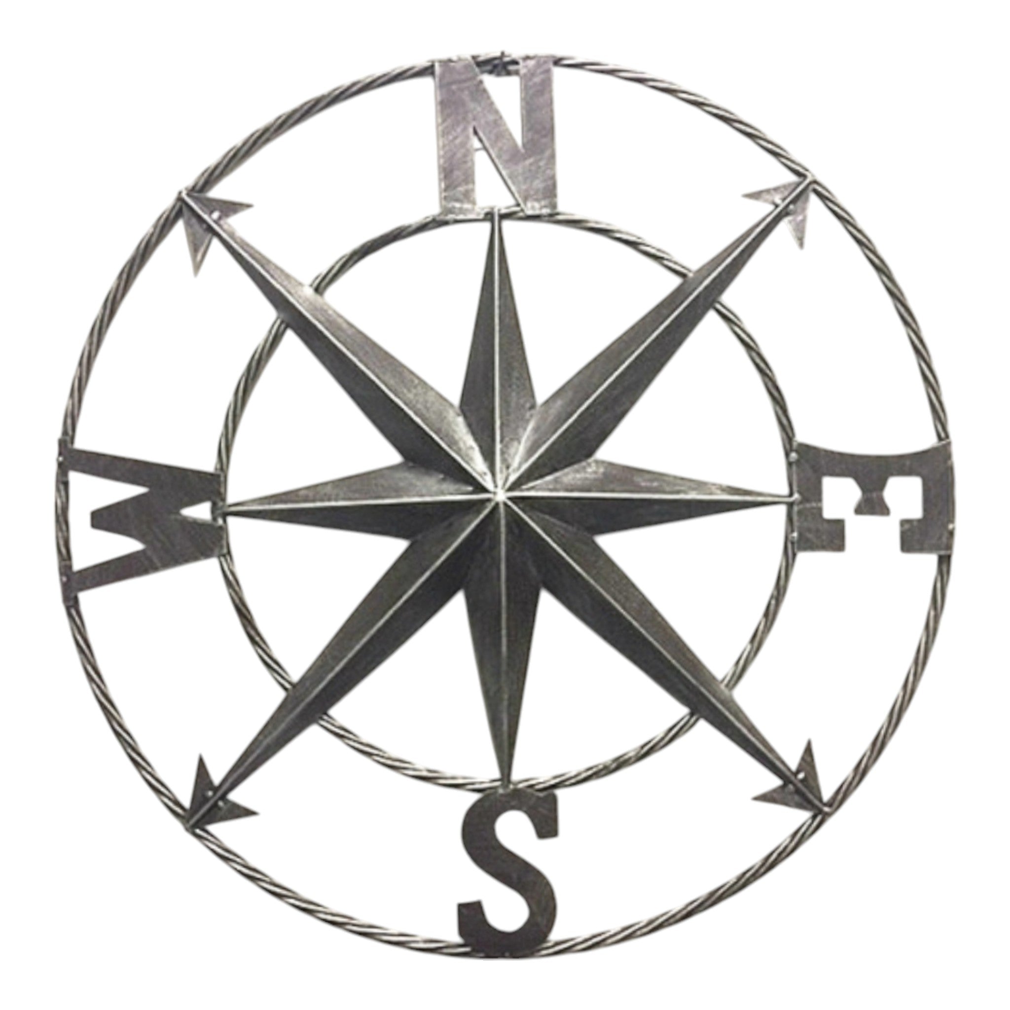 Detailed compass rose metal sign with cardinal directions, aged gray patina finish
