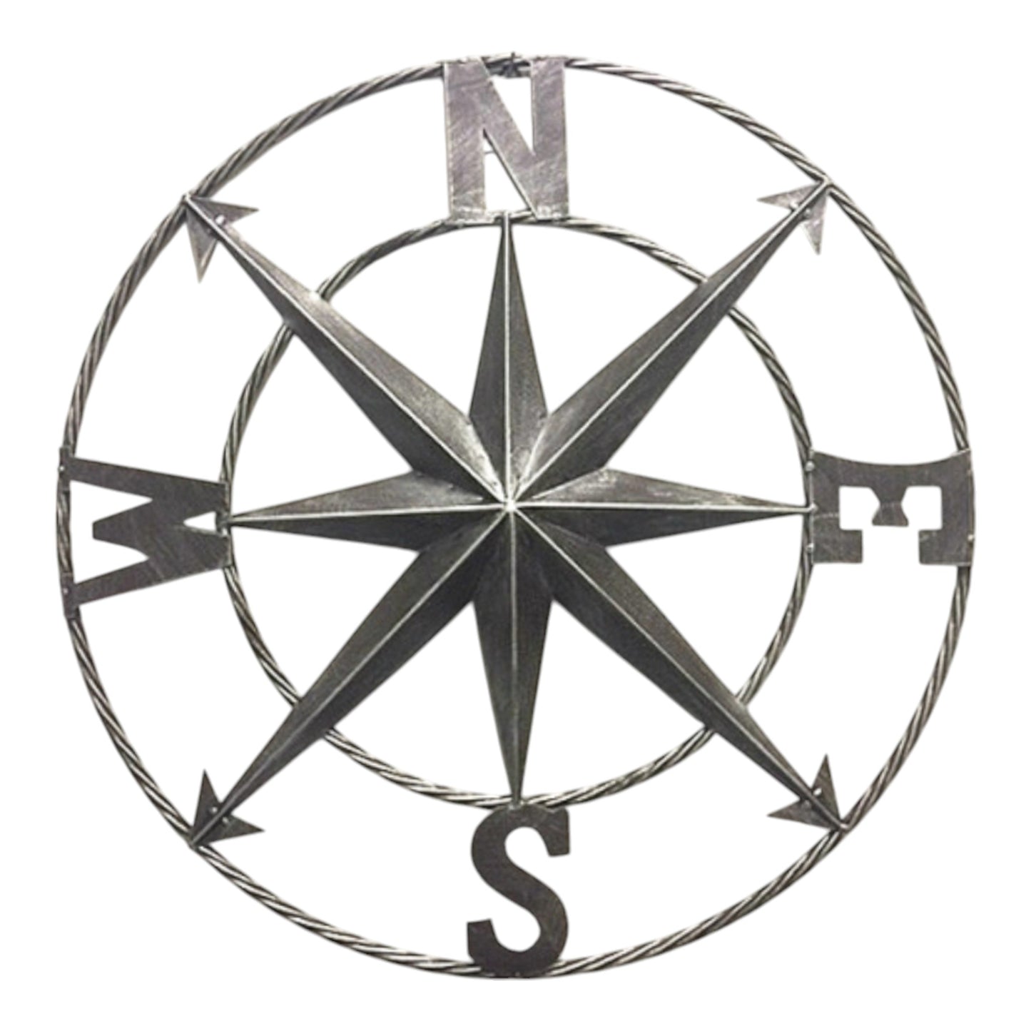 Old Silver Compass Decor 24 inch Distressed Metal Wall Sign with Twisted Rope Ring