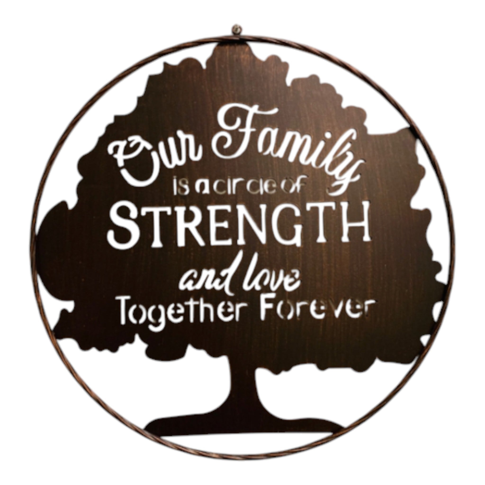 Metal wall sign featuring family tree silhouette with strength and love text, rust-finish frame