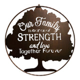 Metal wall sign featuring family tree silhouette with strength and love text, rust-finish frame