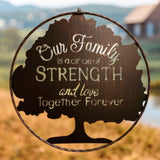Family strength love metal wall sign with tree silhouette cutout, 21-inch rust-brown iron finish