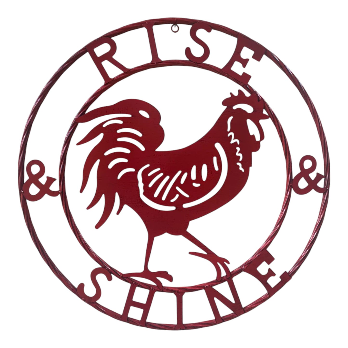 Rise and Shine 24 inch Red Rooster Wall Sign with Twisted Rope Ring