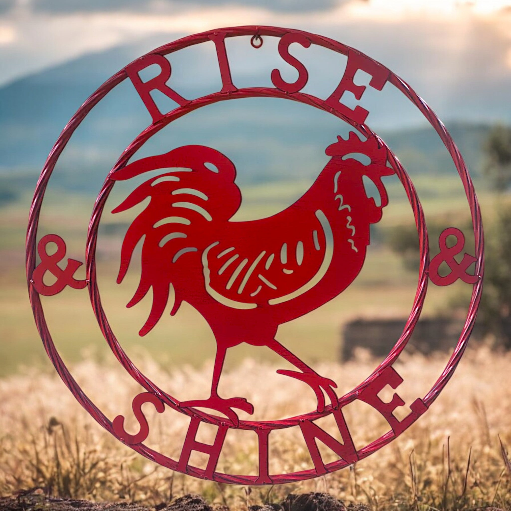 Red Rise and Shine rooster wall sign 24 inch cast iron with twisted rope ring
