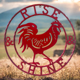 Red Rise and Shine rooster wall sign 24 inch cast iron with twisted rope ring
