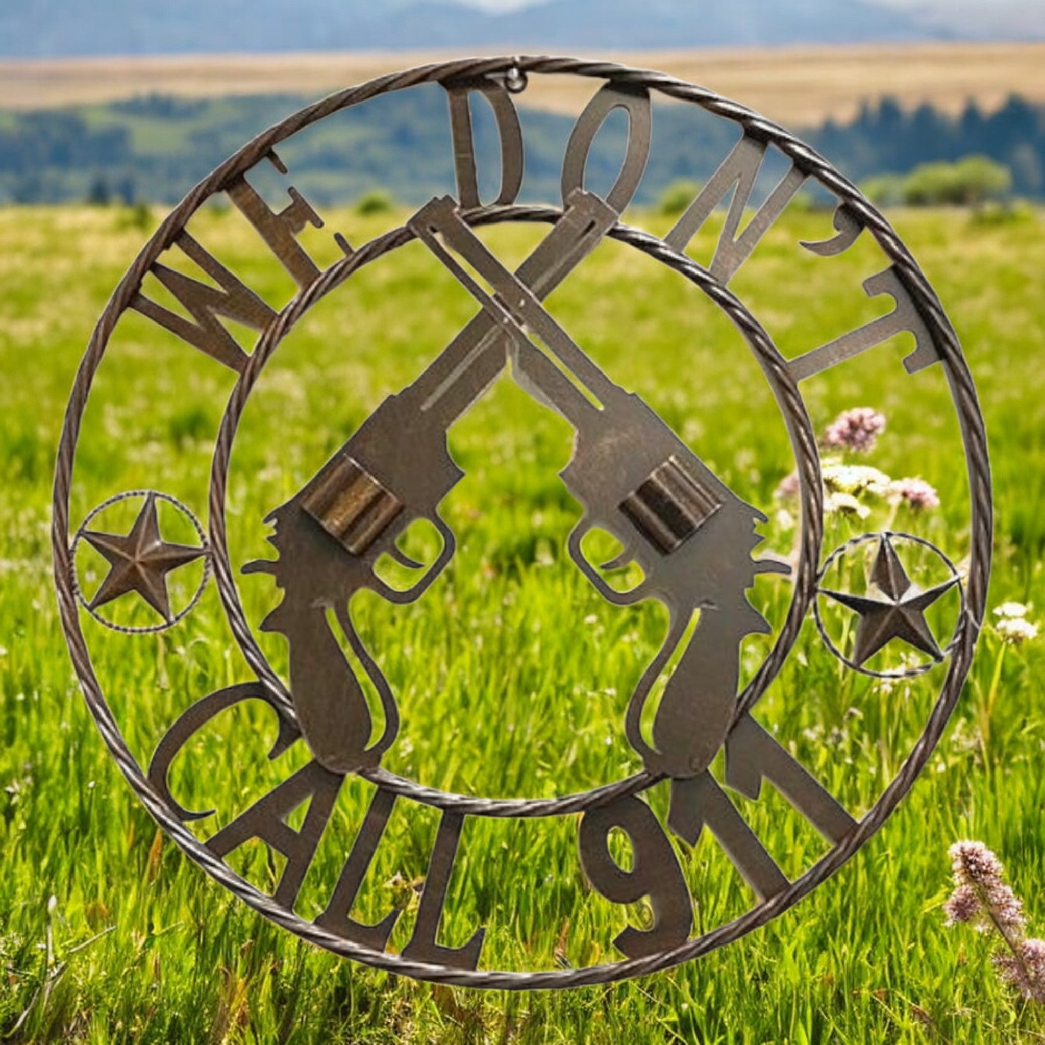 24-inch We Dont Call 911 metal wall sign with dual revolvers, stars, and rope border design