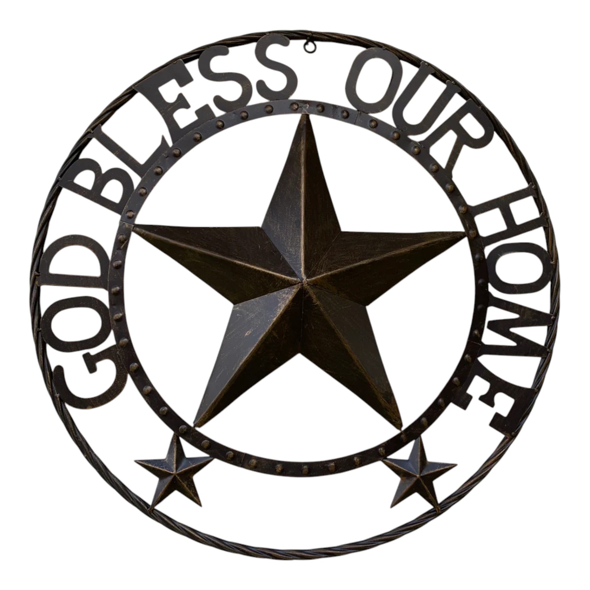God Bless Our Home cast iron wall sign detail showing studs and embossed text on black metal