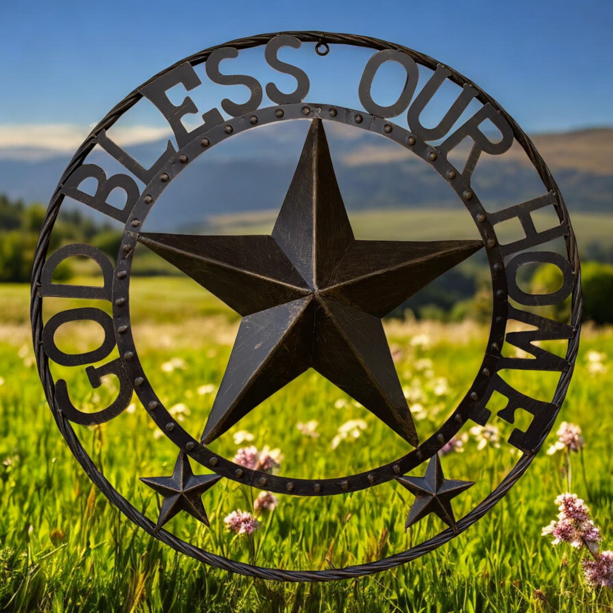 God Bless Our Home 24 inch round metal sign with star center and stud accents