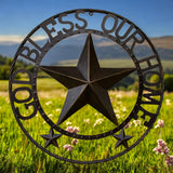 God Bless Our Home 24 inch round metal sign with star center and stud accents