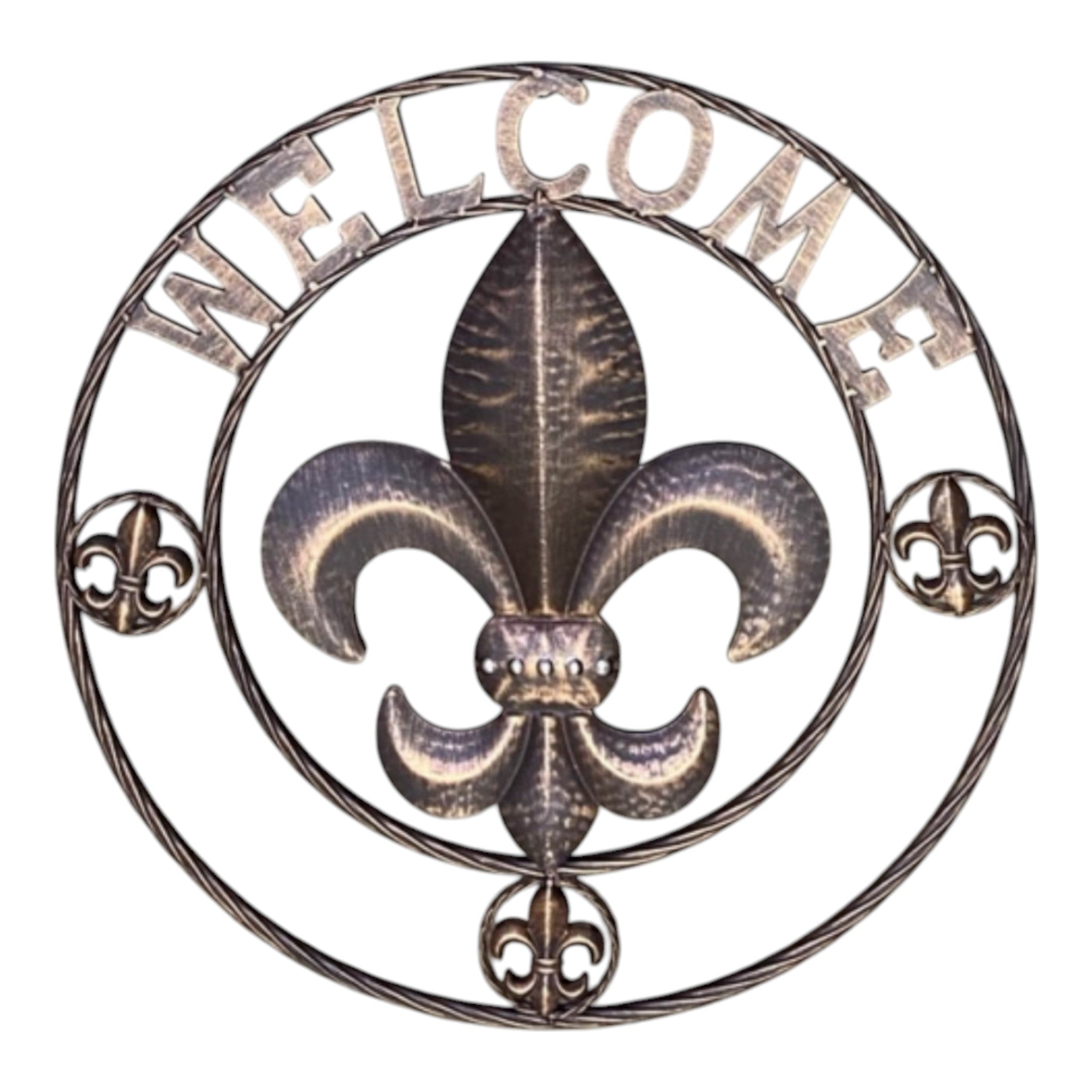 Antique copper finish fleur de lis wall plaque with welcome text and dimensional styling