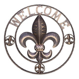 Antique copper finish fleur de lis wall plaque with welcome text and dimensional styling