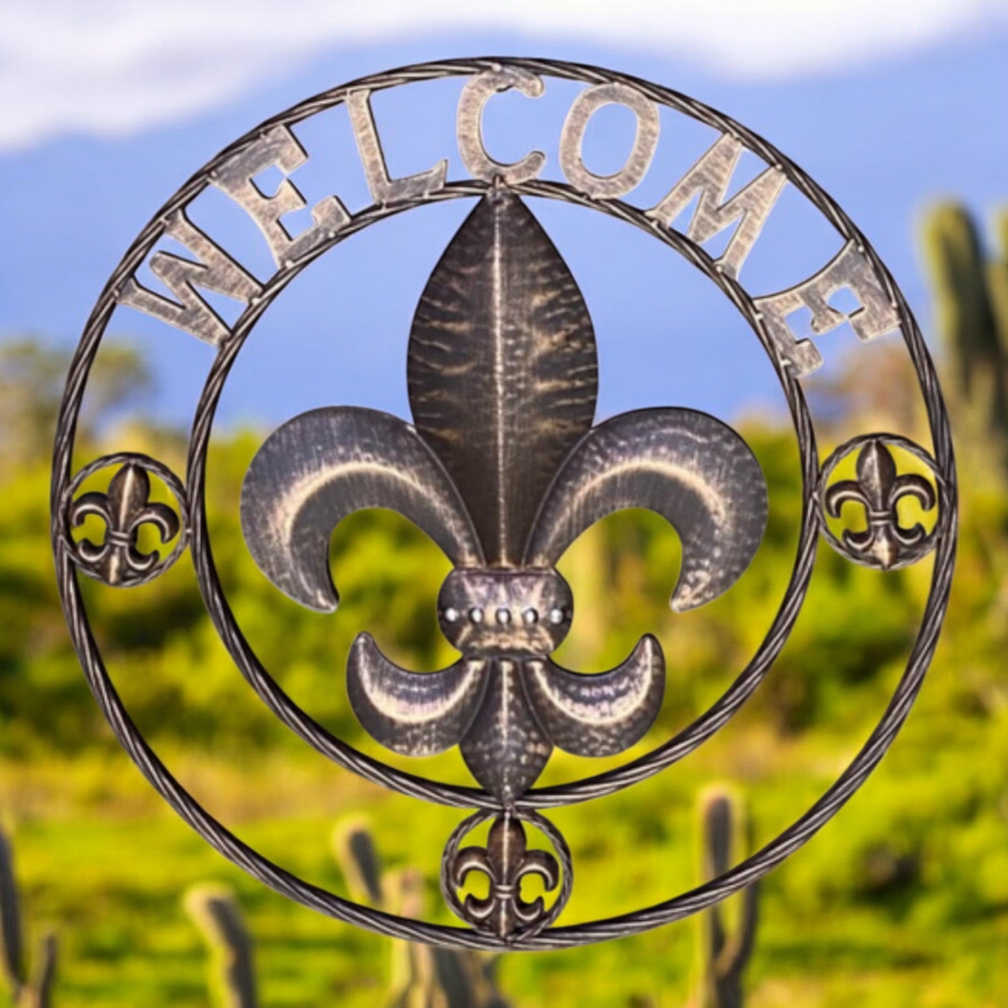 Rustic copper fleur de lis welcome plaque, 24 inch metal wall decor with ornate detail