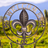 Rustic copper fleur de lis welcome plaque, 24 inch metal wall decor with ornate detail