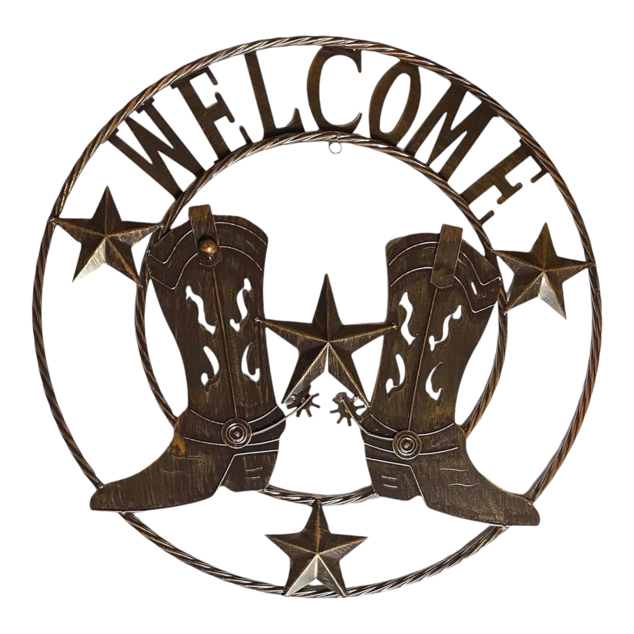 Western boots welcome wall sign, dark bronze cast iron, outdoor display