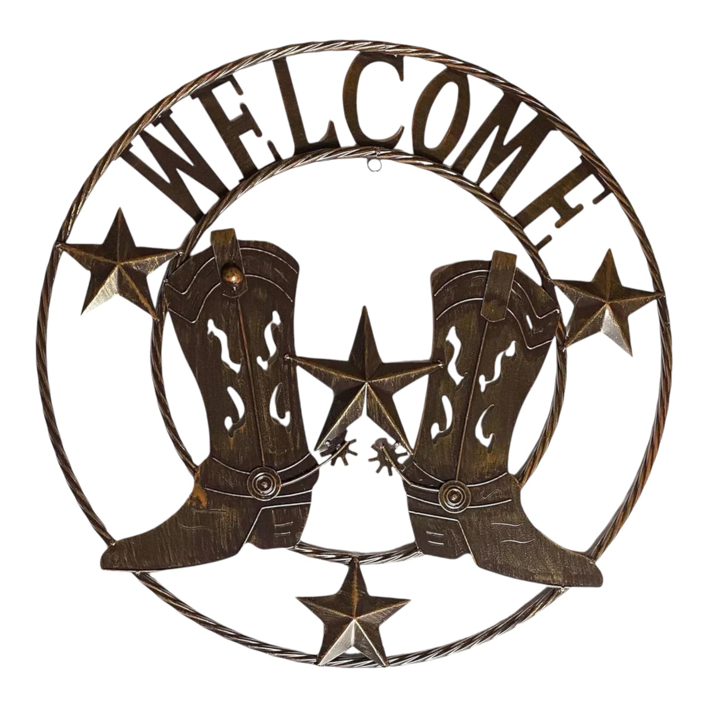 Two Boots Welcome Decor 24 inch Metal Western Wall Sign with Twisted Rope Rings and Stars