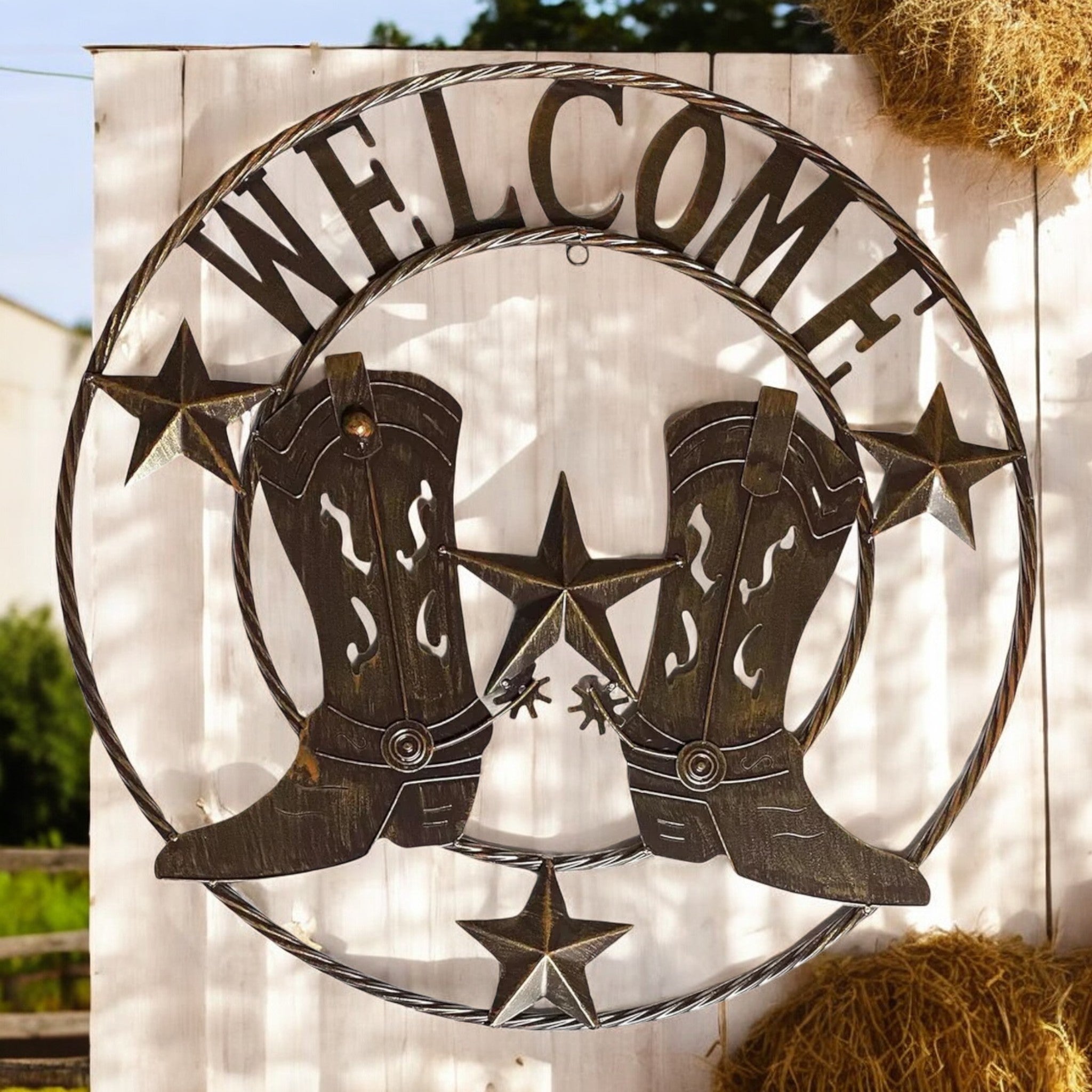 24-inch cast iron western boots welcome metal sign, circular design detail