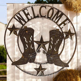 24-inch cast iron western boots welcome metal sign, circular design detail