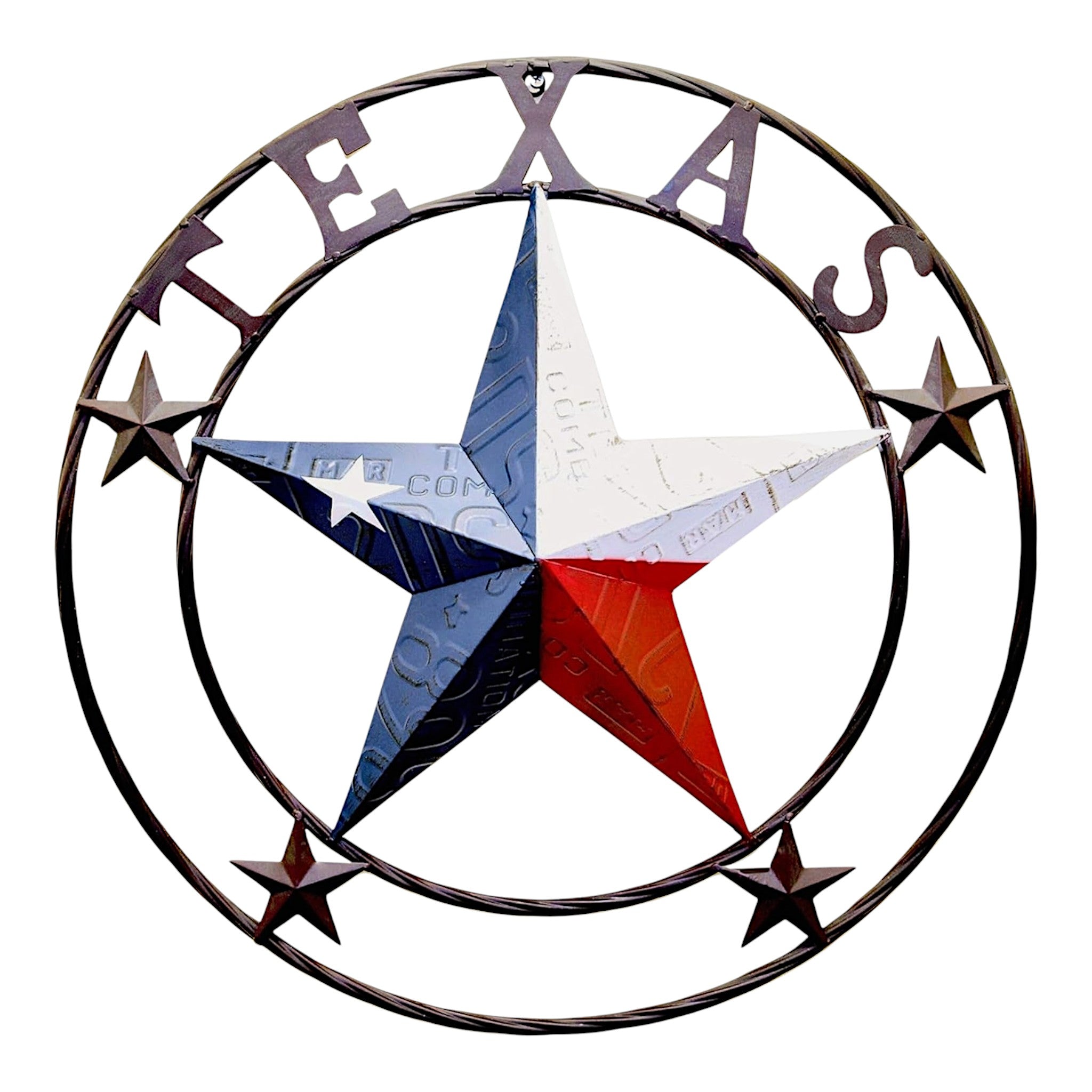TEXAS metal sign detail with embossed letters, Lone Star circle, rustic cast iron finish