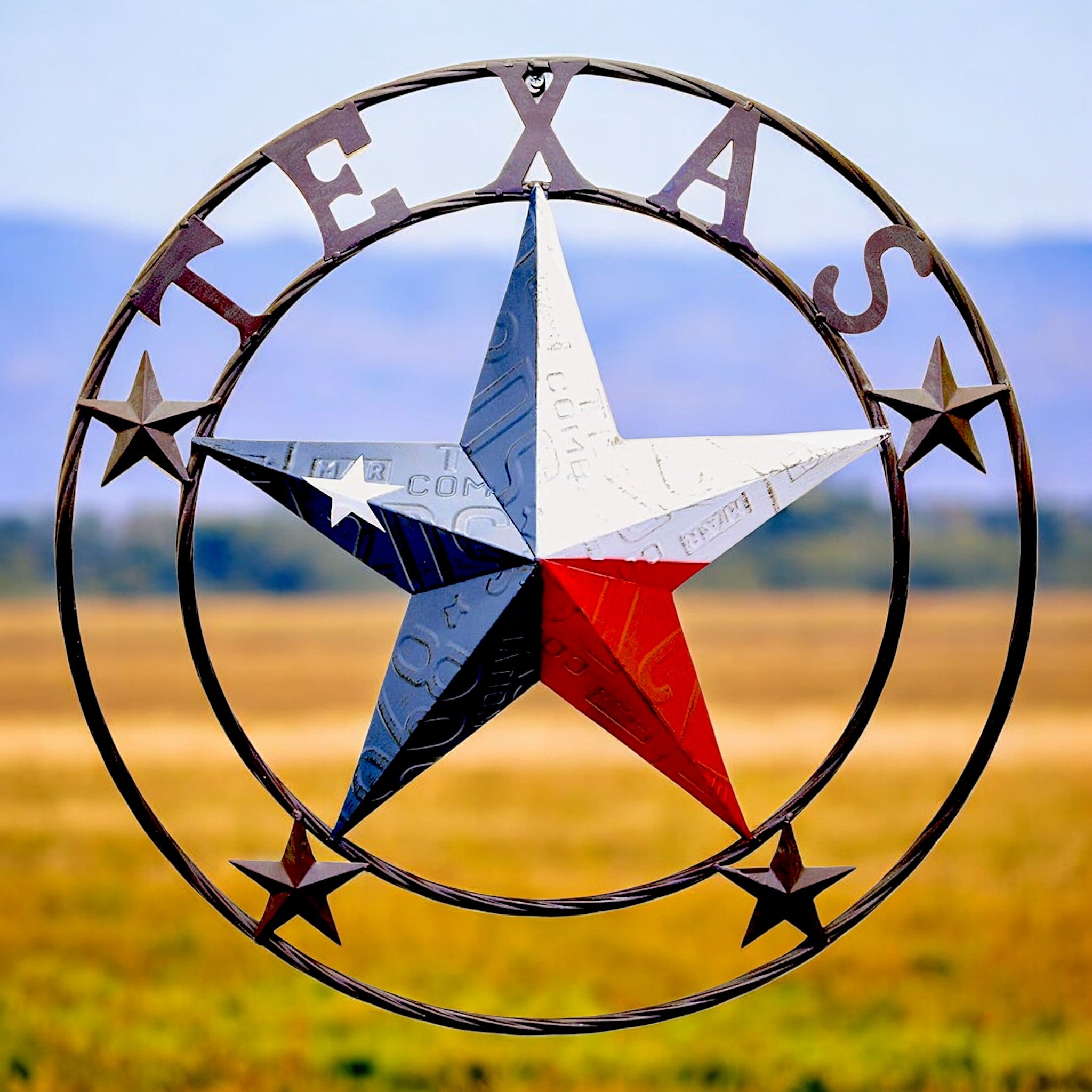 Texas patriotic metal license plate wall sign, 24 inch, Lone Star, rustic cast iron