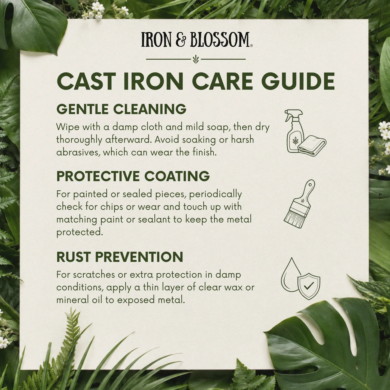 Iron & Blossom cast iron care card
