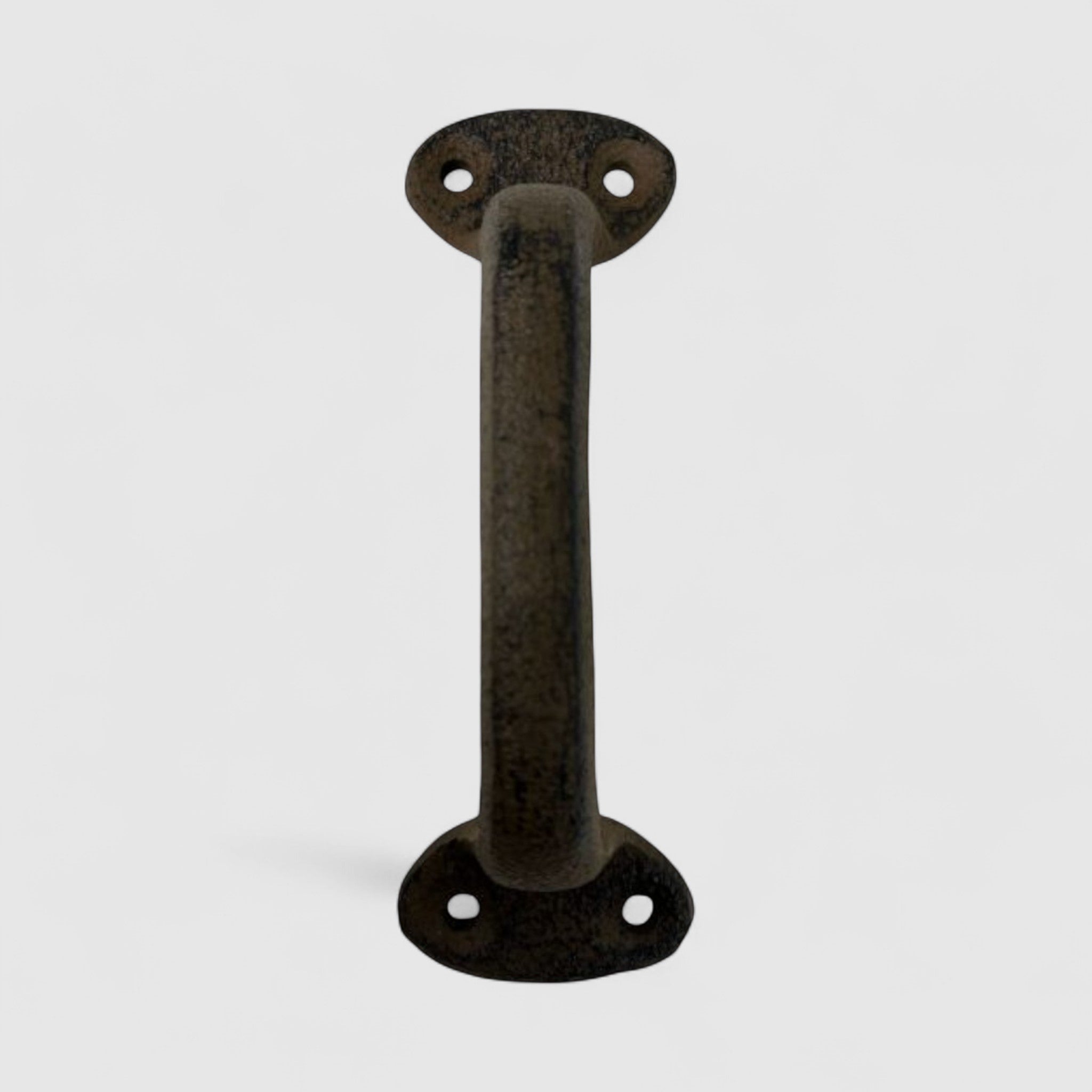Black cast iron drawer pull with oval mounting plate, clean studio shot for hardware replacement