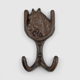 Horse head horseshoe cast iron wall hook, textured dark finish with mounting holes
