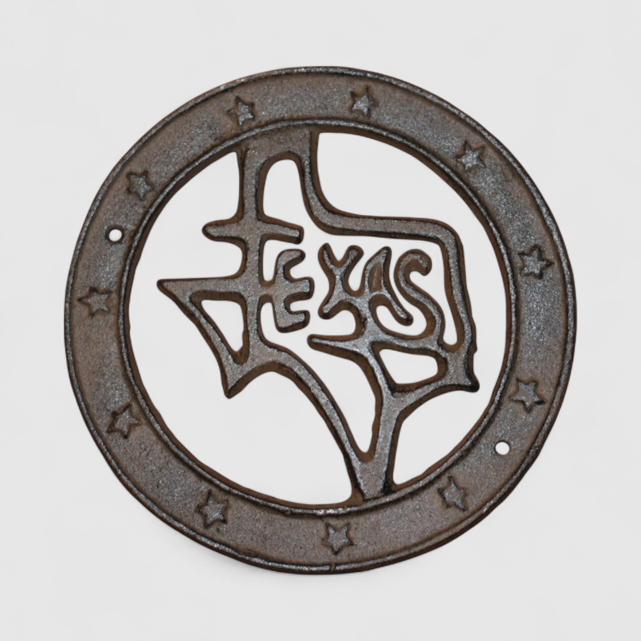 Antique gray cast iron Texas map plaque with star border and rustic finish
