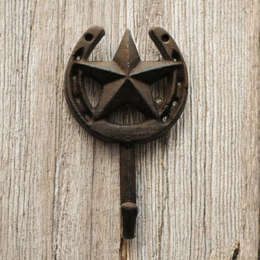 Star & Horseshoe Cast Iron Hook - Rustic Western Wall Organizer