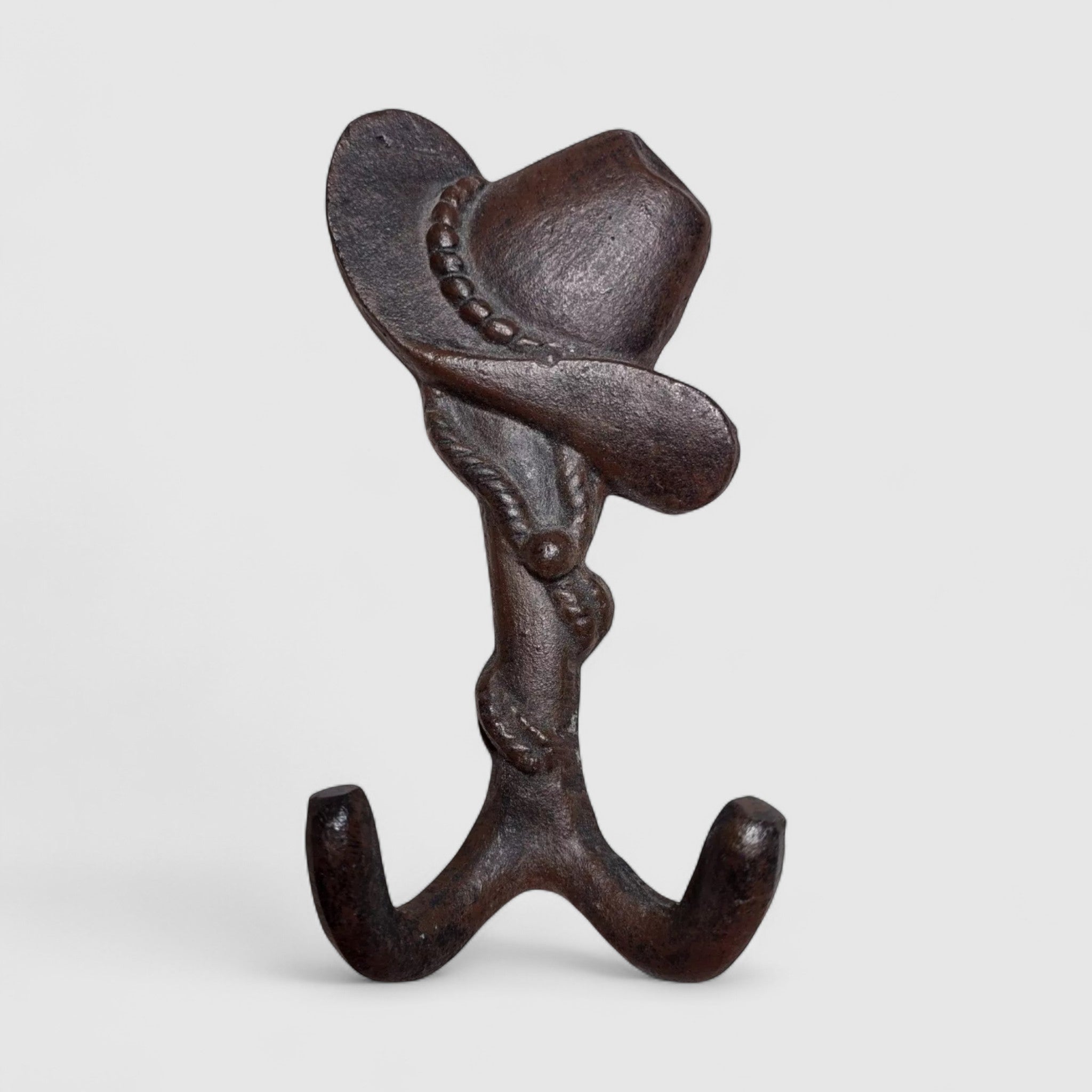 Cowboy hat coat rack cast iron dark brown textured wall mounted hooks