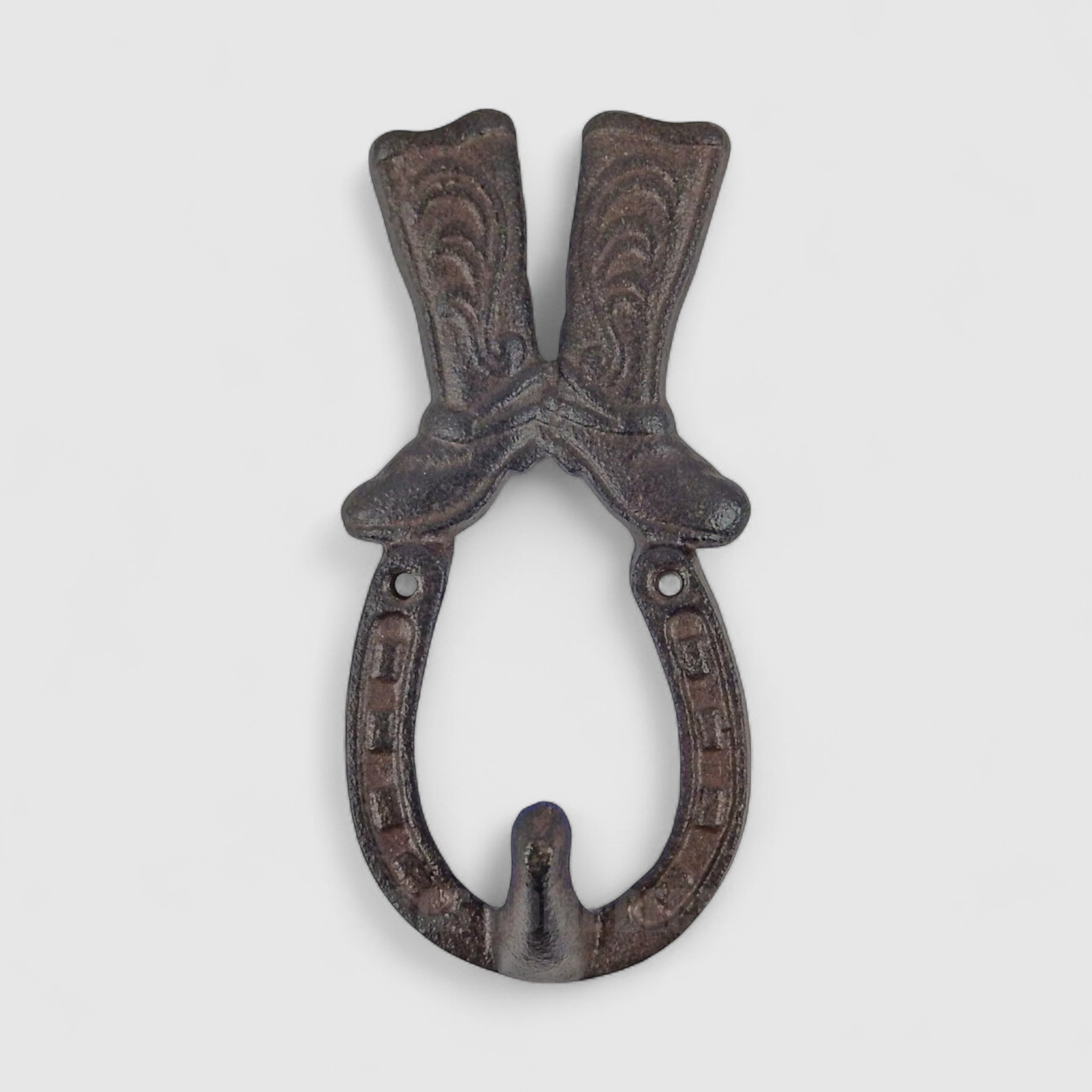 Cast iron boot hook hanger, western style wall organizer with scrollwork