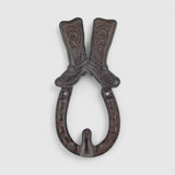 Cast iron boot hook hanger, western style wall organizer with scrollwork