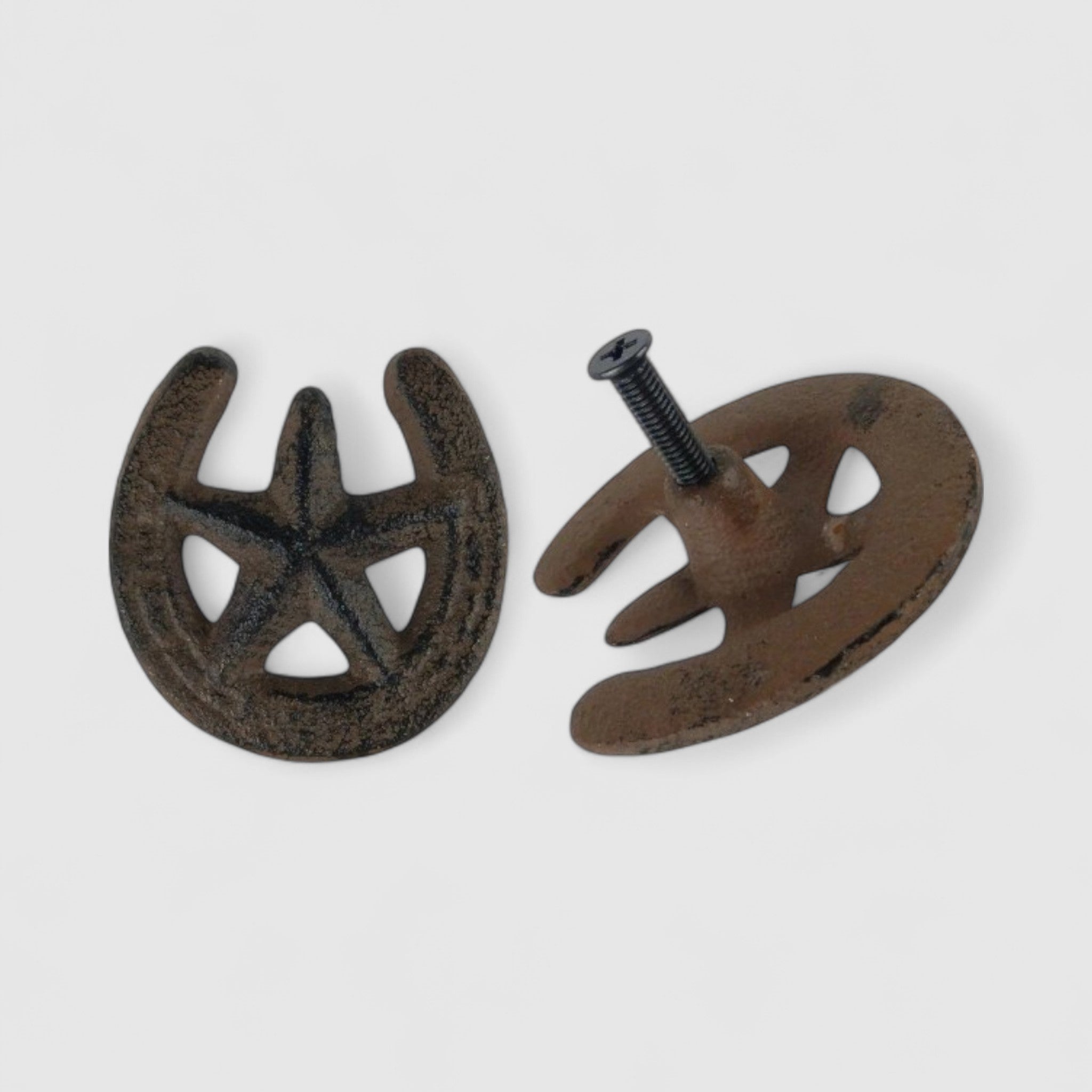 Horseshoe star cast iron cabinet hardware with screw hole, dark finish isolated