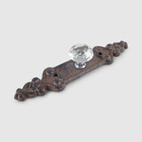 Cast iron cabinet knob with clear faceted crystal center and decorative rustic iron backplate