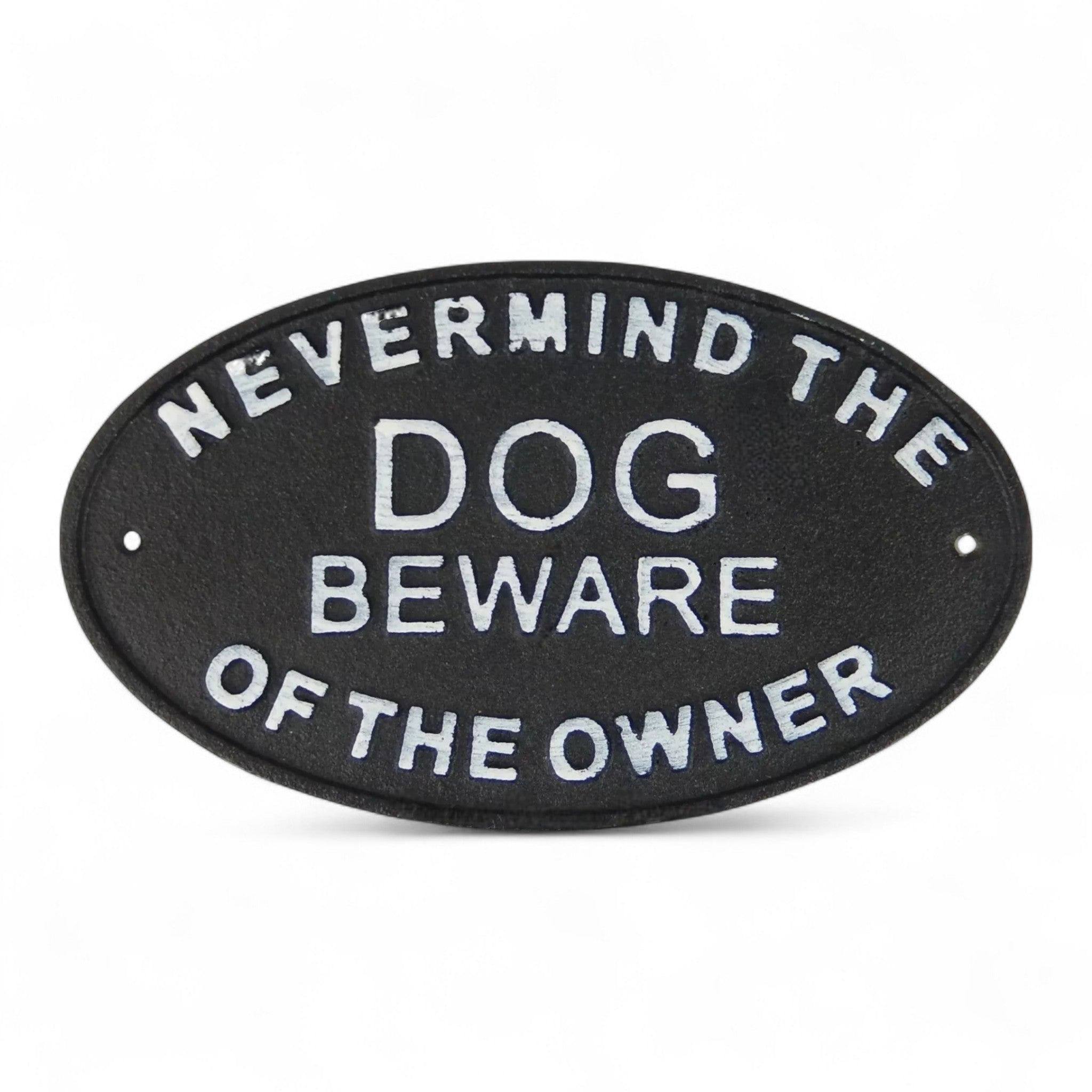 Beware of Owner cast iron plaque mounted on blue-green wooden gate, black finish