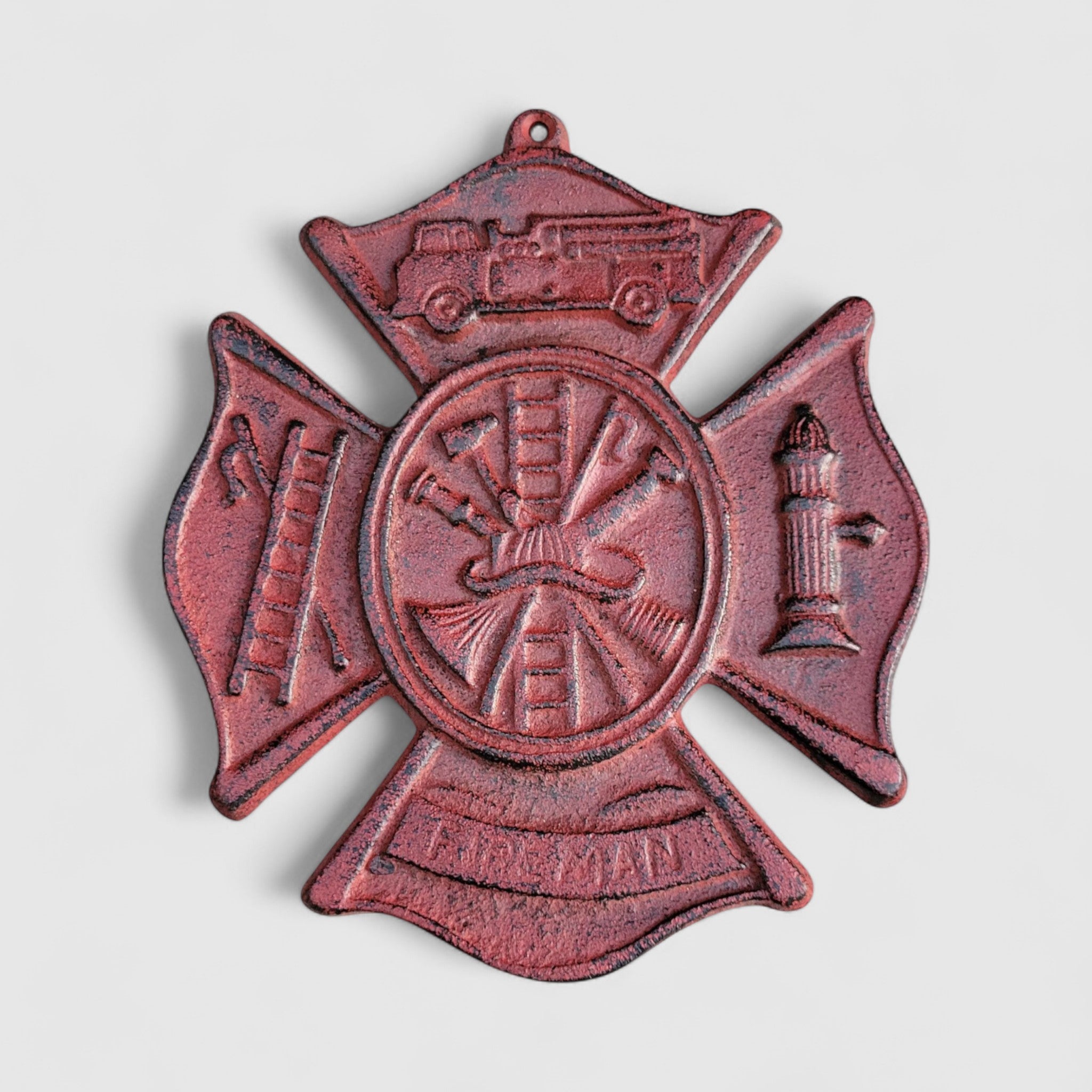 Red cast iron fire service plaque, detailed Maltese cross truck engine relief, vintage decor