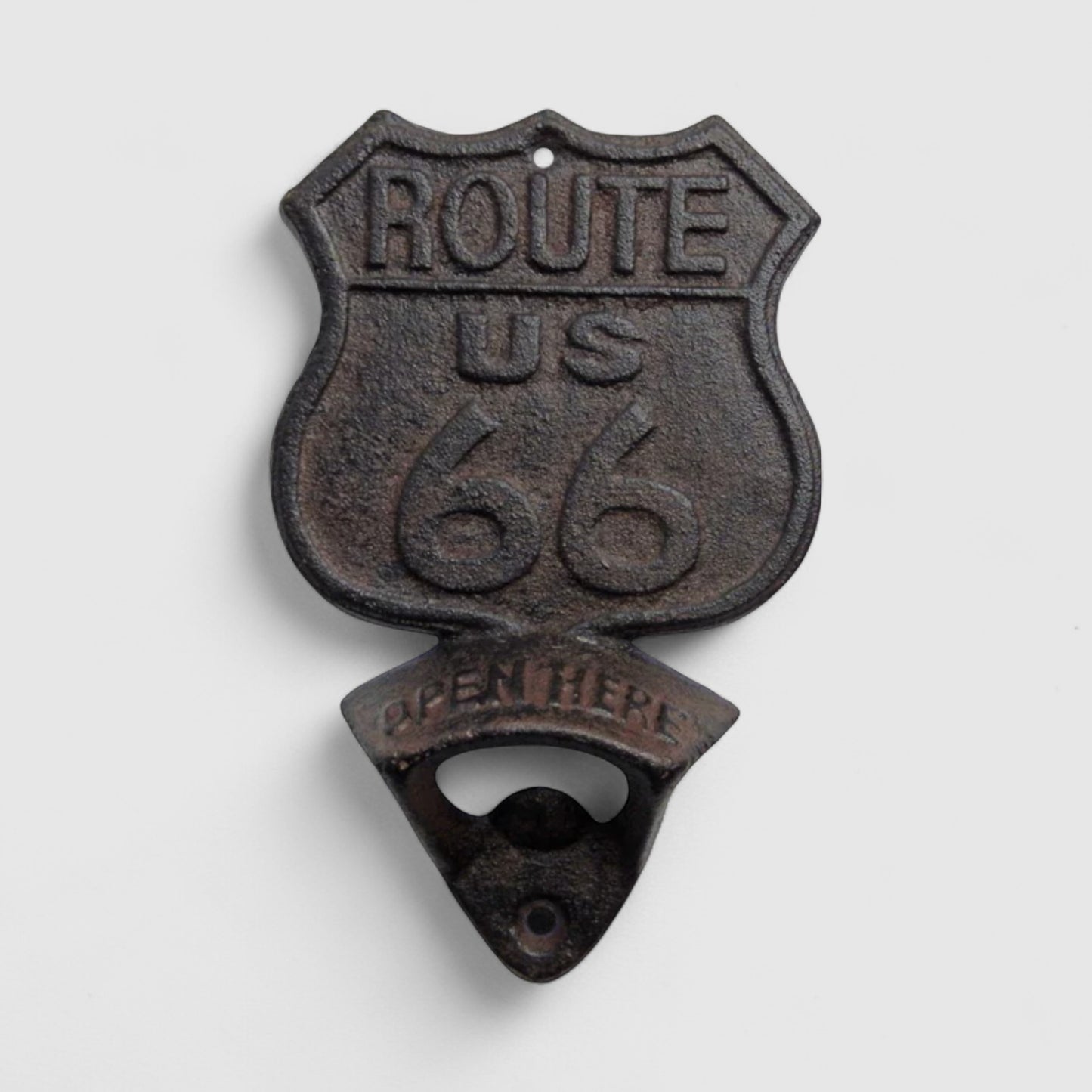 Route 66 Cast Iron Bottle Opener, Vintage Americana Bar Accessory