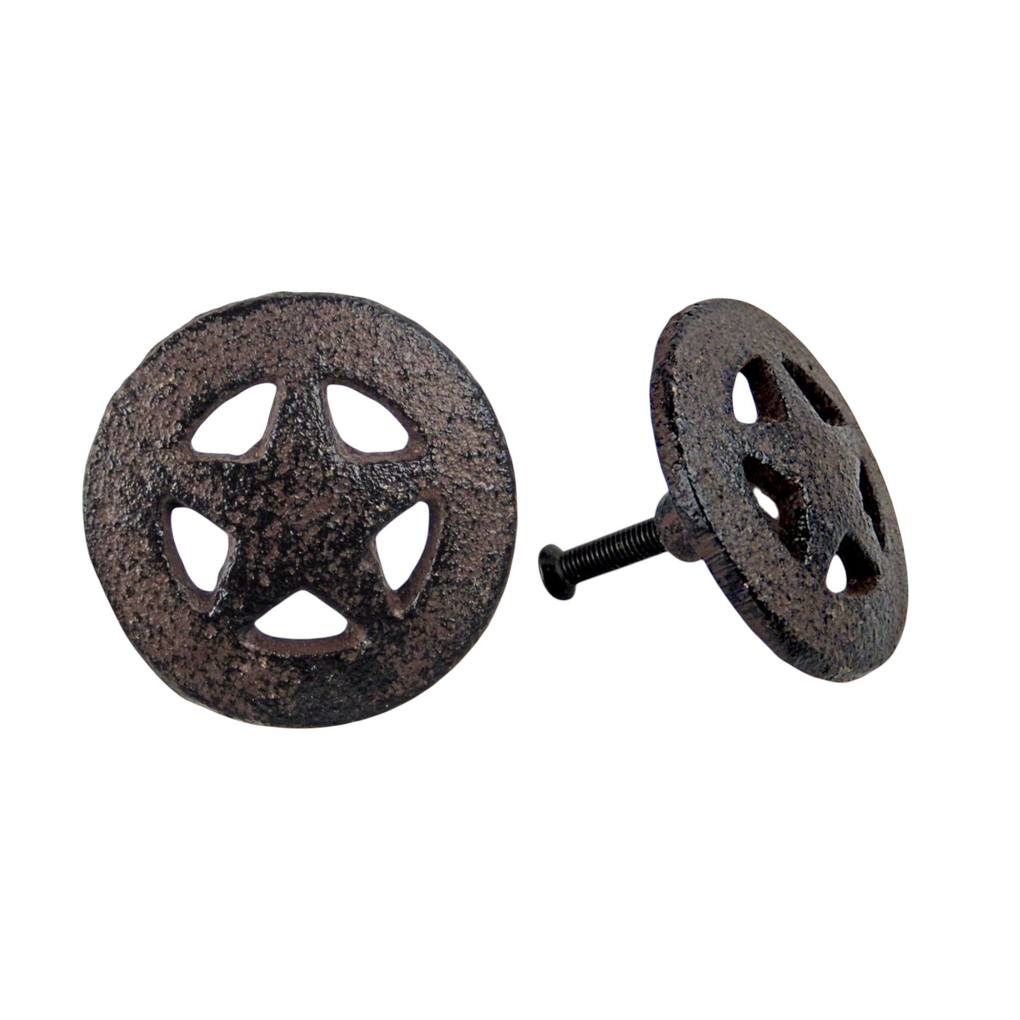 Rustic cast iron star cabinet knob showing front circular face and side profile with weathered dark finish