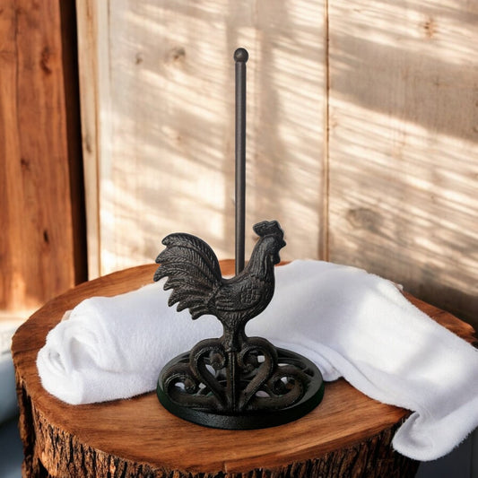 Farmhouse Cast Iron Rooster Paper Towel Holder – Rustic Kitchen Dispenser