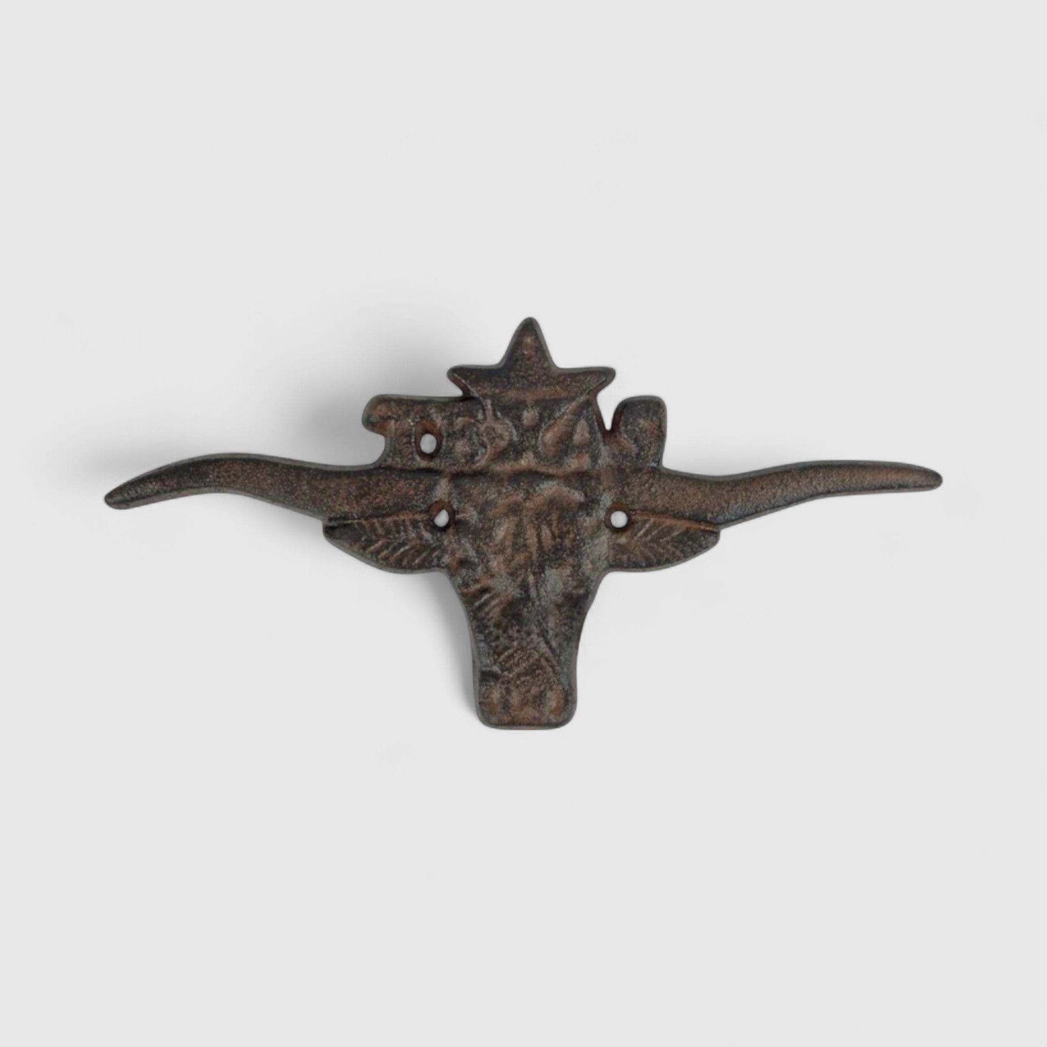 Aged rust brown cast iron longhorn with star, textured Western wall hanging piece