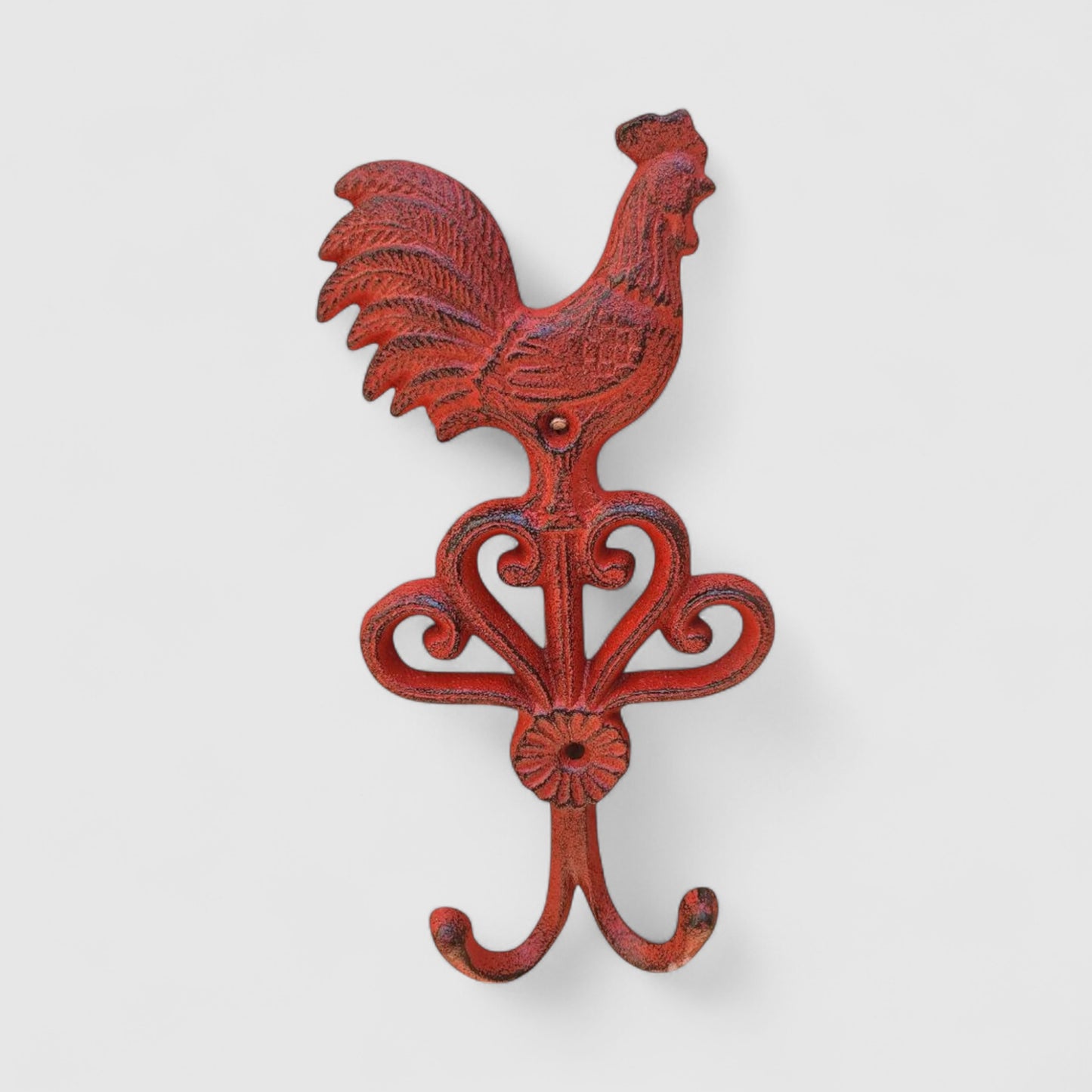 Red Cast Iron Rooster Hook, Colorful Country Kitchen Accent
