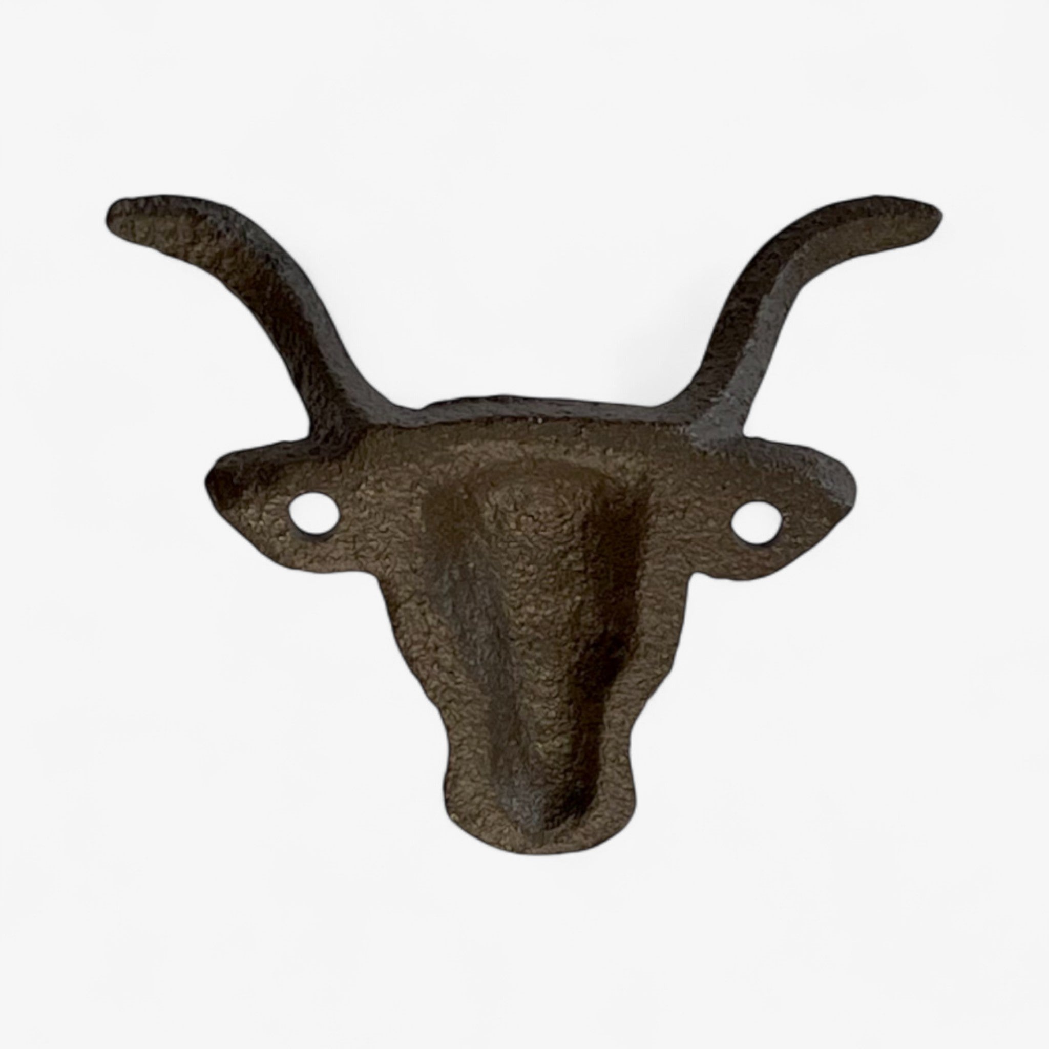 Dark cast iron bull head wall hook with textured patina finish and upright horn angle view