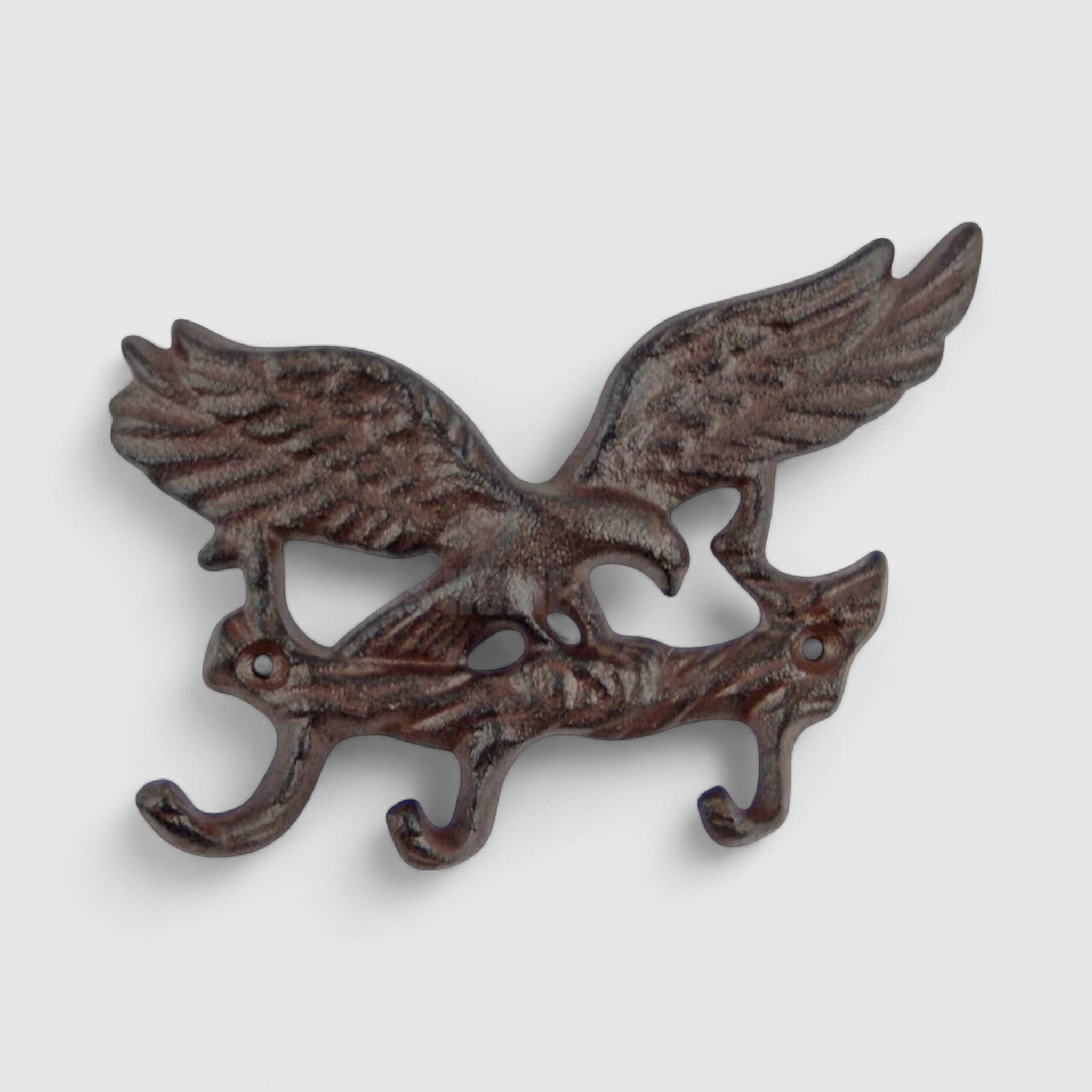 Antique bronze cast iron double eagle wall hook with weathered patina and decorative talon feet