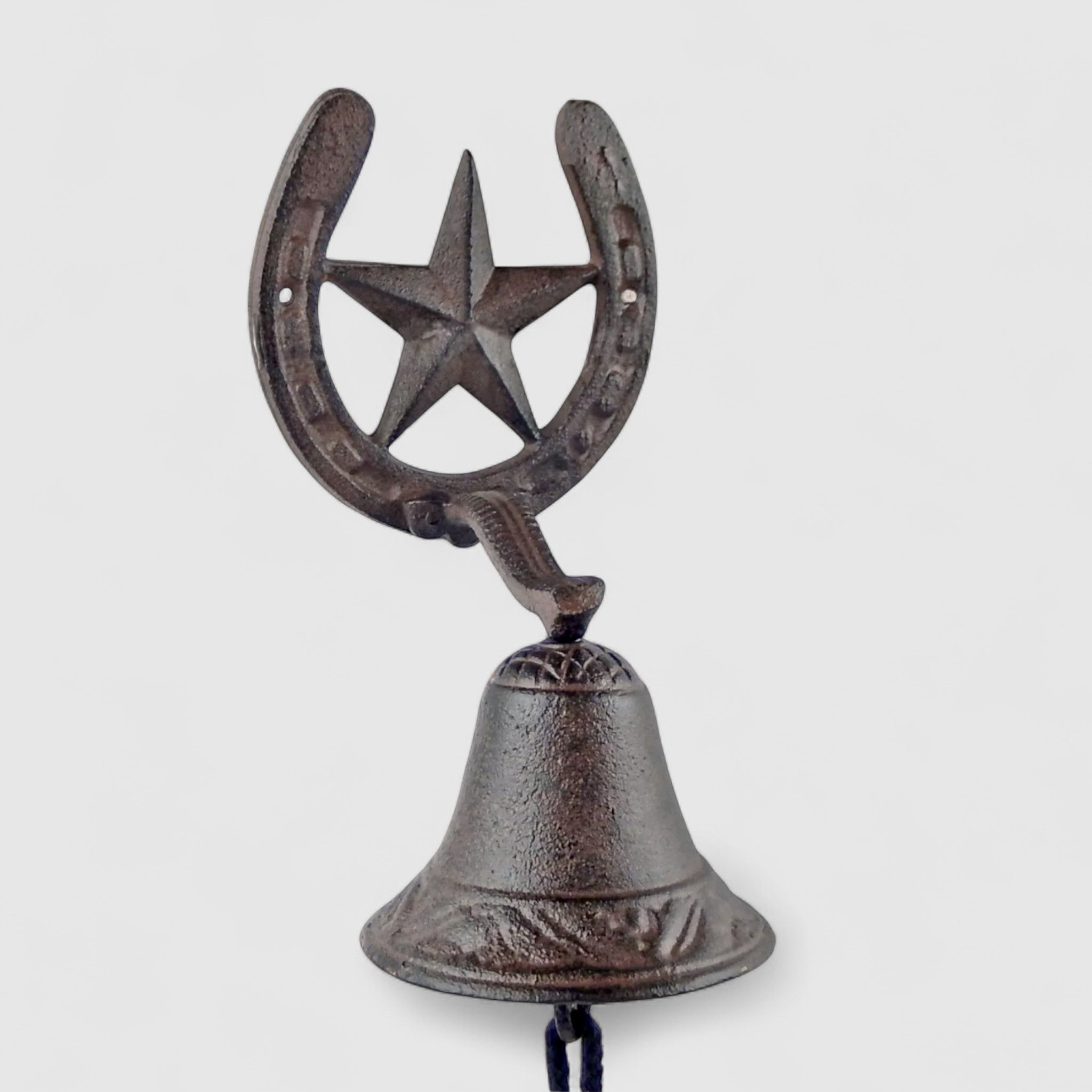 Horseshoe star cast iron bell chime with clapper, rustic textured brown finish