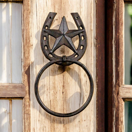 Western Star & Horseshoe Cast Iron Towel Ring – Rustic Country Bathroom Accent