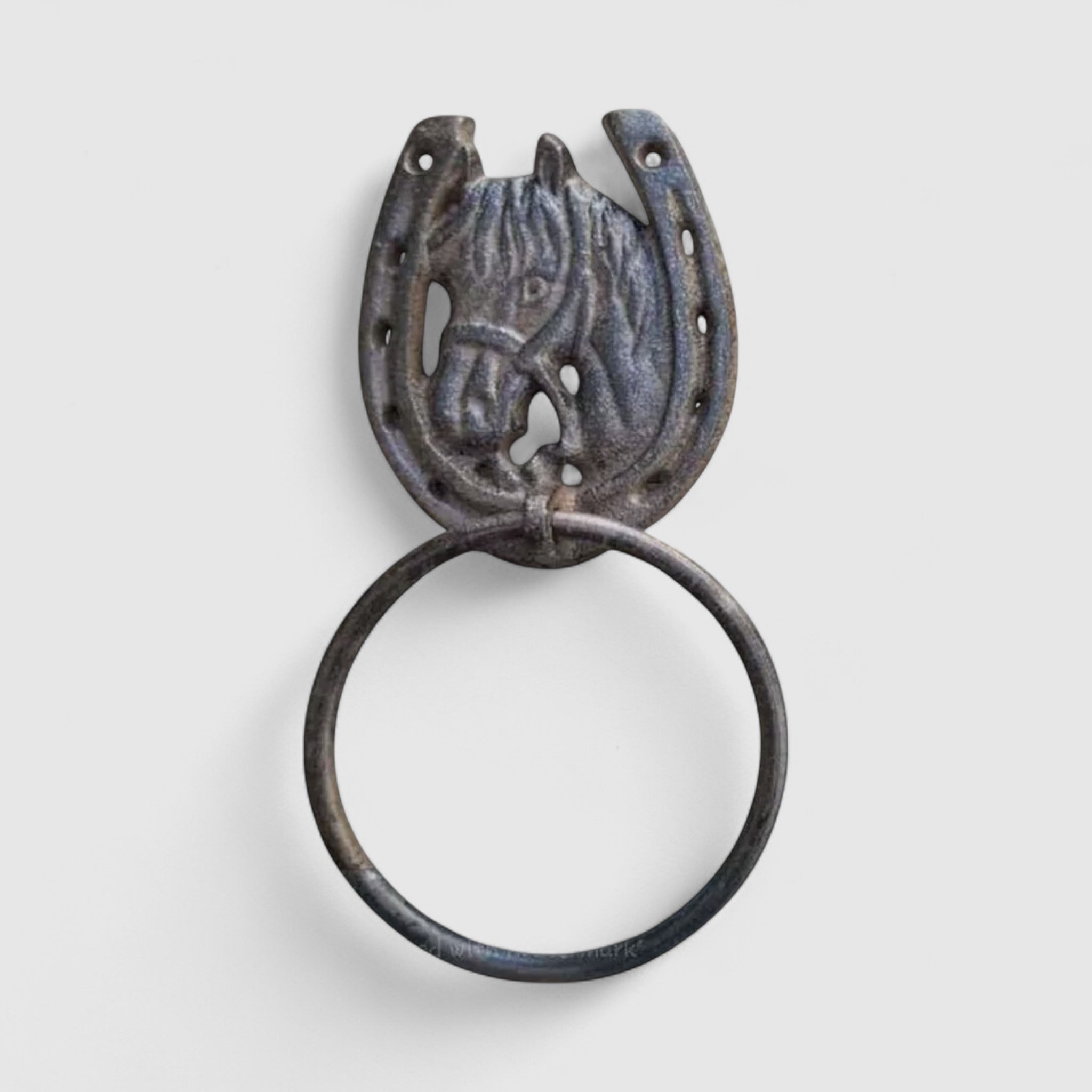 Close-up of detailed cast iron horse head towel ring showing textured mane and mounting holes